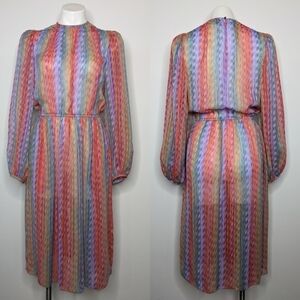 Vintage Jackie Taun colorful rainbow striped sheer long sleeve dress 10